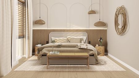Sypialnia w stylu boho, japandi, minimalistycznym i rustykalnym z beżowym łóżkiem