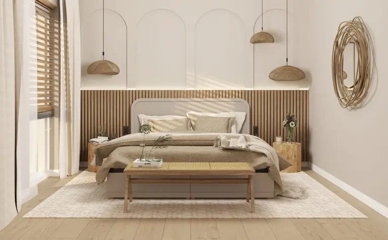 Sypialnia w stylu boho, japandi, minimalistycznym i rustykalnym z beżowym łóżkiem