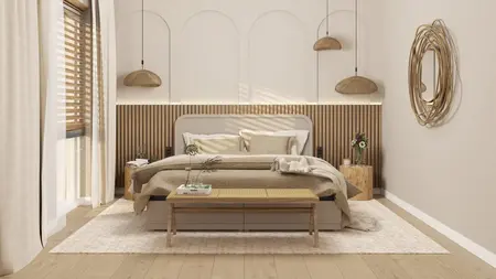 Sypialnia w stylu boho, japandi, minimalistycznym i rustykalnym z beżowym łóżkiem