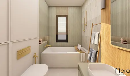 Wnętrze łazienki z wanną, umywalką i drewnianymi akcentami, styl industrialny i skandynawski.