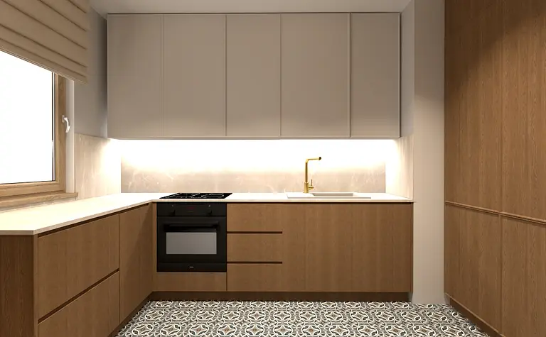 Współczesna kuchnia z drewnianymi meblami, białym blatem i nowoczesnym wyposażeniem