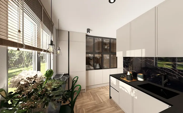 Kuchnia z beżowymi meblami, czarnym blatem i roślinami w stylu industrialnym, minimalistycznym, nowoczesnym.