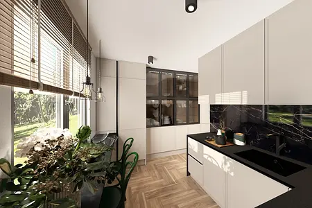 Kuchnia z beżowymi meblami, czarnym blatem i roślinami w stylu industrialnym, minimalistycznym, nowoczesnym.