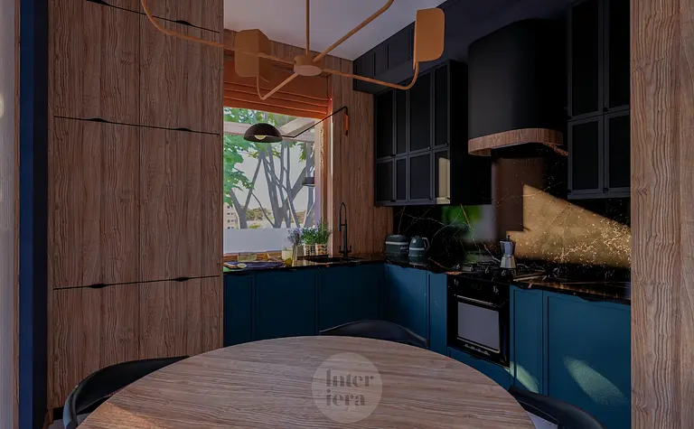 Kuchnia w stylu eklektycznym z dopamine decor, drewniane meble, czarny blat.