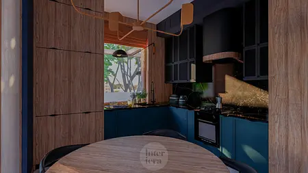 Kuchnia w stylu eklektycznym z dopamine decor, drewniane meble, czarny blat.