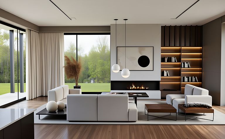 Wnętrze salonu w stylu eklektycznym z białymi meblami i drewnianymi detalami.