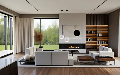 Wnętrze salonu w stylu eklektycznym z białymi meblami i drewnianymi detalami.