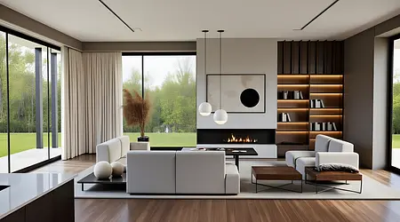 Wnętrze salonu w stylu eklektycznym z białymi meblami i drewnianymi detalami.