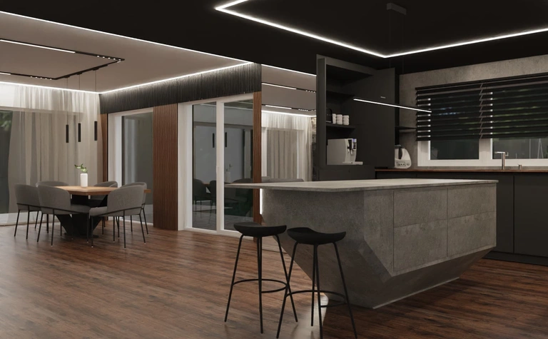 Wnętrze kuchni w stylu industrialnym i minimalistycznym z betonowym blatem i drewnianą podłogą.