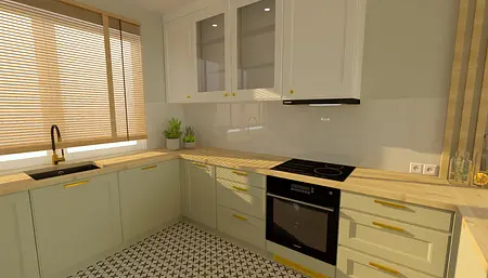 Wnętrze kuchni z zielonymi meblami, drewnianym blatem i nowoczesnymi urządzeniami.