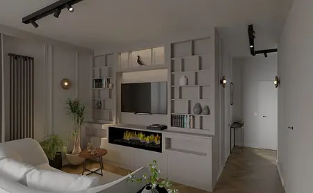 Wnętrze jadalni z drewnianym stołem, szarymi krzesłami i nowoczesnymi elementami art deco.