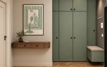 Przedpokój dopamine decor, japandi, minimalistyczny, nowoczesny, współczesny, industrialny z zieloną szafą i drewnianą konsolą