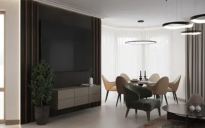 Wnętrze jadalni z minimalistycznym stołem, krzesłami i rośliną, nowoczesny styl.