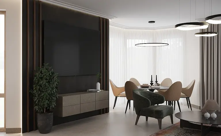 Wnętrze jadalni z minimalistycznym stołem, krzesłami i rośliną, nowoczesny styl.