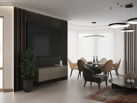 Wnętrze jadalni z minimalistycznym stołem, krzesłami i rośliną, nowoczesny styl.