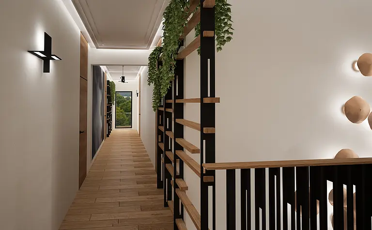 Nowoczesny przedpokój z roślinami i drewnianymi akcentami, styl quiet luxury i współczesny.