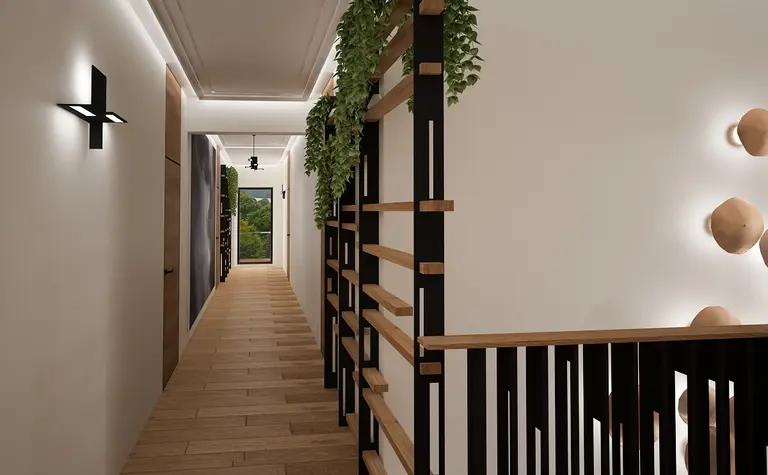 Nowoczesny przedpokój z roślinami i drewnianymi akcentami, styl quiet luxury i współczesny.