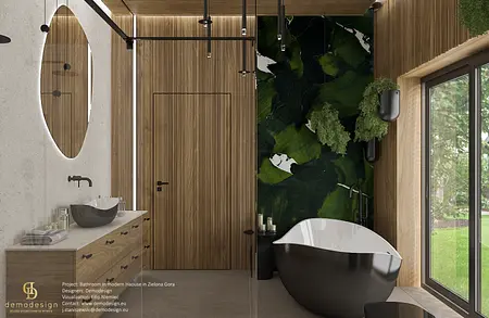 Nowoczesna łazienka w stylu quiet luxury z drewnem i roślinami.