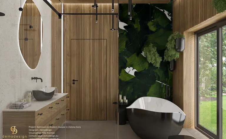 Nowoczesna łazienka w stylu quiet luxury z drewnem i roślinami.