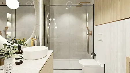 Wnętrze łazienki w stylu glamour i minimalistycznym z kabiną prysznicową.