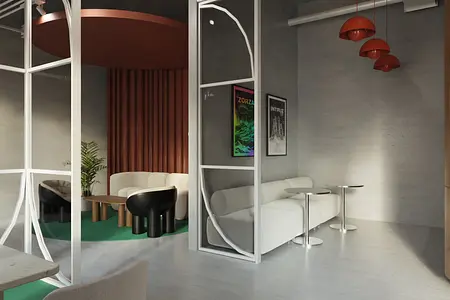 Wnętrze z minimalistycznym designem, dopamine decor, biała sofa i czarne meble.