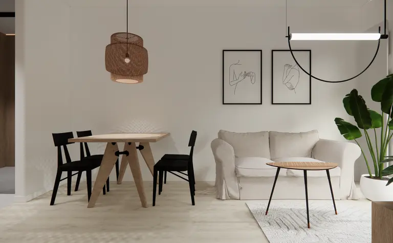 Wnętrze jadalni w stylu minimalistycznym z drewnianym stołem, czarnymi krzesłami oraz rośliną.
