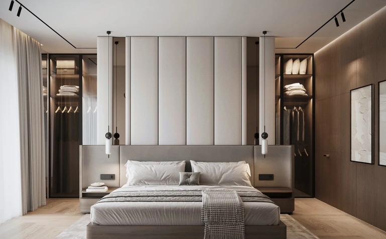 Wnętrze sypialni z nowoczesnym wezgłowiem, w stylu quiet luxury.