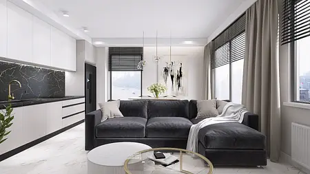 Wnętrze salonu z szarym narożnikiem i białymi meblami, styl minimaluxe, nowoczesny, quiet luxury, współczesny.