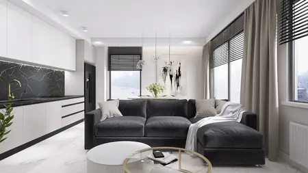 Wnętrze salonu z szarym narożnikiem i białymi meblami, styl minimaluxe, nowoczesny, quiet luxury, współczesny.
