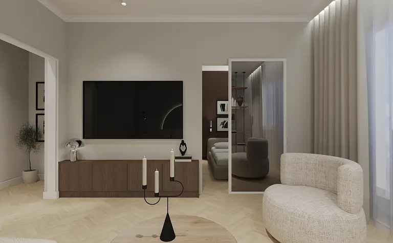 Wnętrze salonu w stylu soft minimalizm z brązowym meblem i białą sofą.