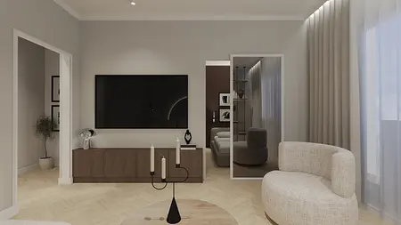 Wnętrze salonu w stylu soft minimalizm z brązowym meblem i białą sofą.