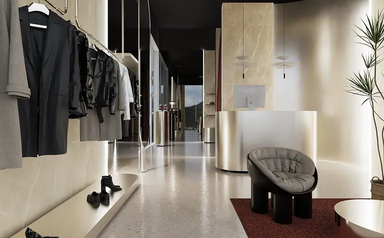 Wnętrze sklepu odzieżowego w stylu glamour, minimalistycznym i nowoczesnym.