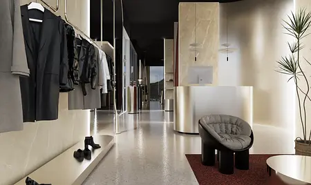 Wnętrze sklepu odzieżowego w stylu glamour, minimalistycznym i nowoczesnym.