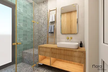 Nowoczesna łazienka z drewnianą umywalką, zielonymi kafelkami i szarym akcentem.