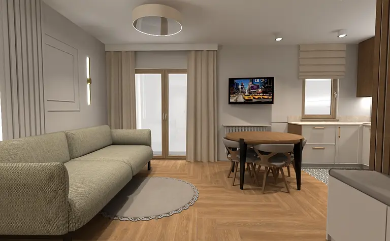 Wnętrze współczesnego salonu z beżową sofą i drewnianym stołem.