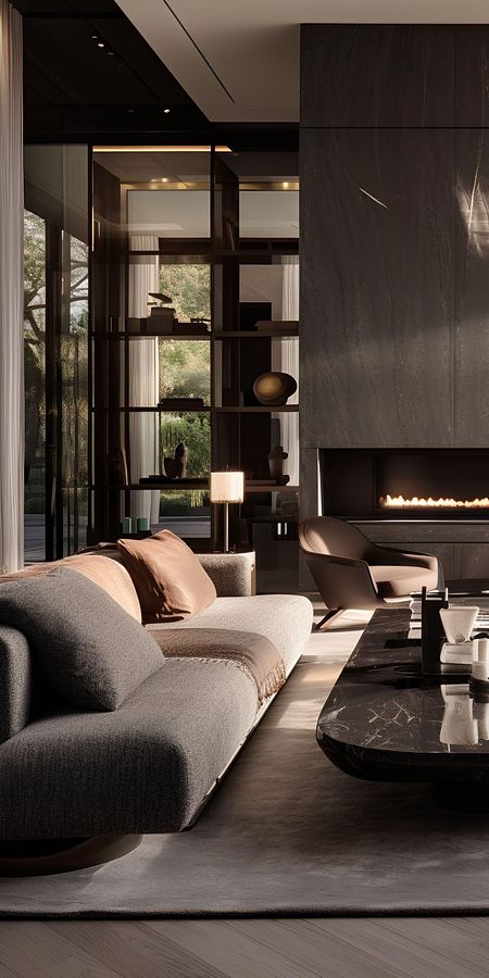 Nowoczesne wnętrze salonu z szarym narożnikiem i czarnym stolikiem.