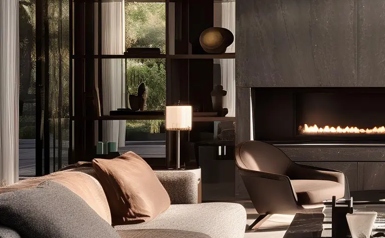 Nowoczesne wnętrze salonu z szarym narożnikiem i czarnym stolikiem.