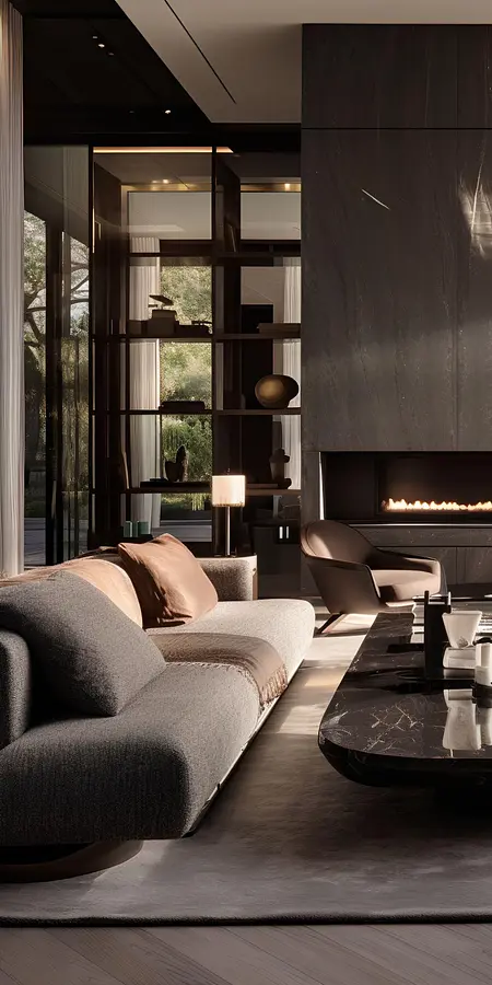 Nowoczesne wnętrze salonu z szarym narożnikiem i czarnym stolikiem.