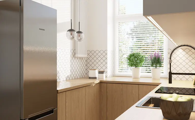 Kuchnia w stylu eklektycznym z industrialnymi akcentami, nowoczesnymi meblami i tradycyjnymi elementami.