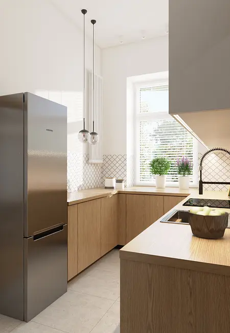 Kuchnia w stylu eklektycznym z industrialnymi akcentami, nowoczesnymi meblami i tradycyjnymi elementami.