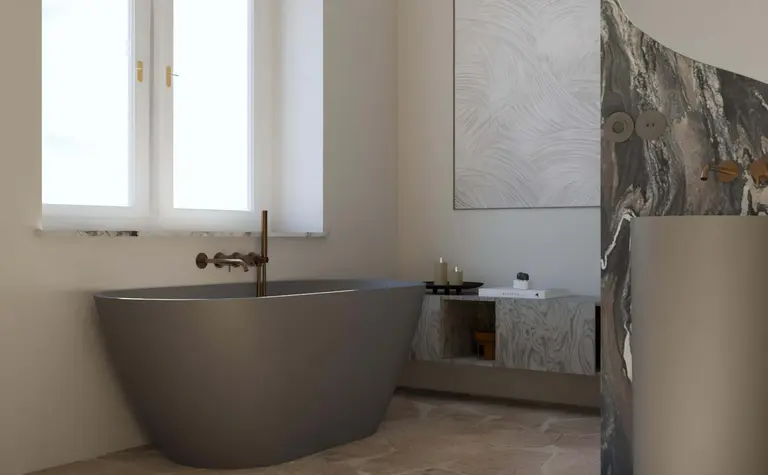 Wnętrze łazienki z wanną, marmurowymi detalami i świecami, styl quiet luxury, soft minimalizm, vintage.