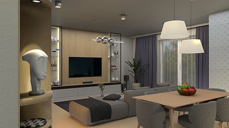 Wnętrze salonu z minimalistycznymi meblami i nowoczesnym oświetleniem.