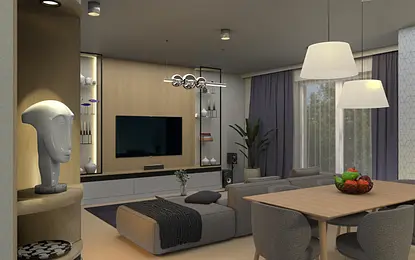 Wnętrze salonu z minimalistycznymi meblami i nowoczesnym oświetleniem.