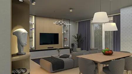Wnętrze salonu z minimalistycznymi meblami i nowoczesnym oświetleniem.