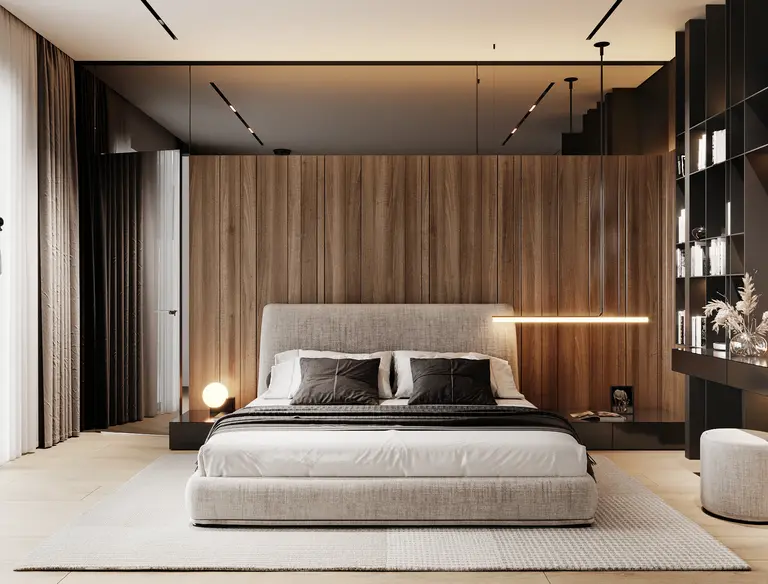 Wnętrze sypialni w stylu minimaluxe i quiet luxury z drewnianą ścianą.