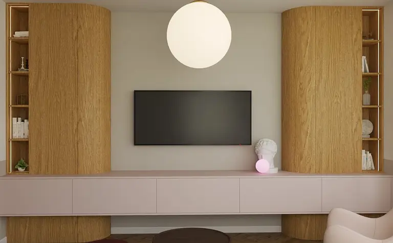 Wnętrze salonu w stylu eklektycznym z drewnianymi meblami i nowoczesnymi dodatkami.