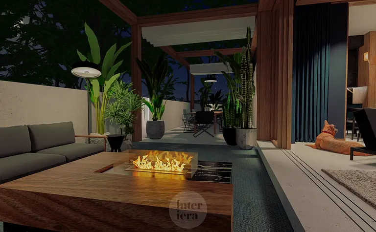 Eklektyczny taras z roślinami i kominkiem w stylu dopamine decor.