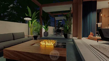 Eklektyczny taras z roślinami i kominkiem w stylu dopamine decor.