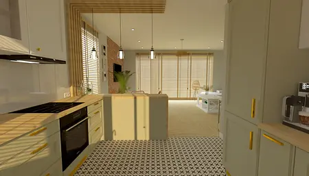 Współczesna kuchnia z drewnianym blatem i białymi szafkami.