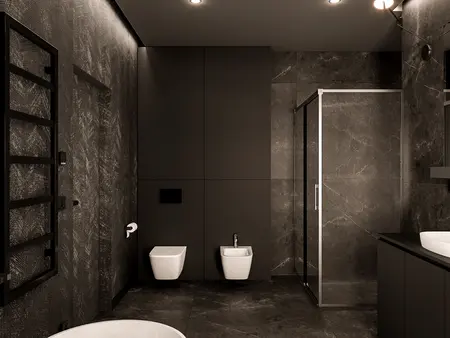 Nowoczesna łazienka z czarnymi i szarymi elementami, minimalistyczny design.